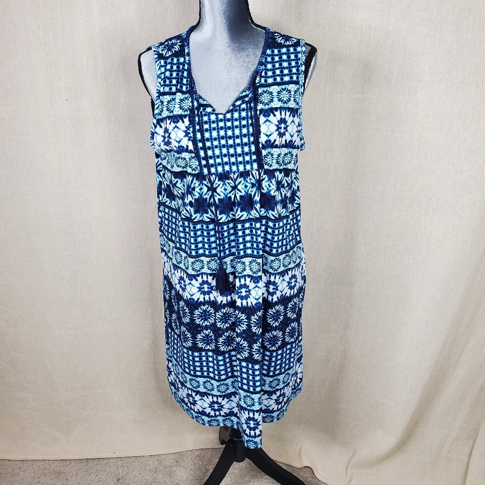 ♧ Kim Rogers Tunic Dress Split Neck with Tassels Size XL Blue and White